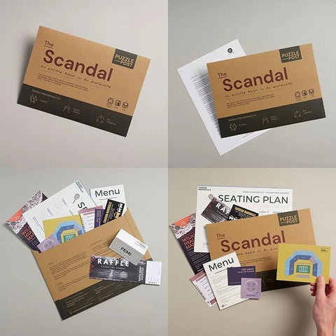 Collage of 'The Scandal' puzzle box with various components on a light gray background