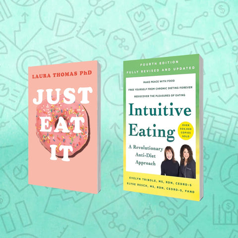 Two books, 'Just Eat It' and 'Intuitive Eating', on a light blue background with minimal design.