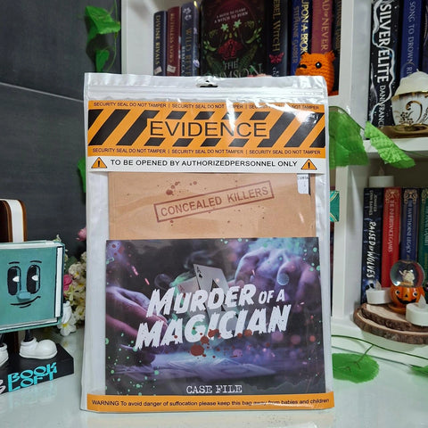 Book titled 'Murder of a Magician' with 'Evidence' packaging on a shelf with books in the background.