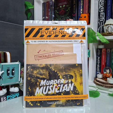 Package labeled 'Evidence' with 'Concealed Killers' and 'Murder of a Musician' text, set against a bookshelf background.