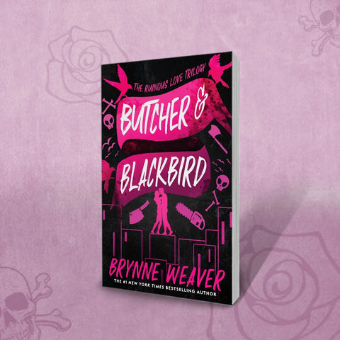 Book cover of 'Butcher & Blackbird' by Brynne Weaver on a pink background with decorative elements.