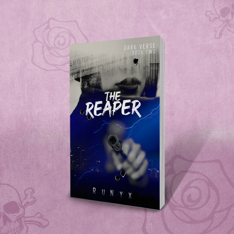 Book cover of 'The Reaper' by Runyx on a pink background with skull and crossbones design.