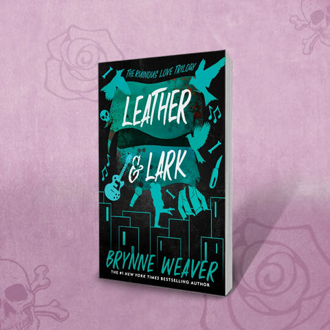 Book cover of 'Leather & Lark' by Brynne Weaver on a purple background
