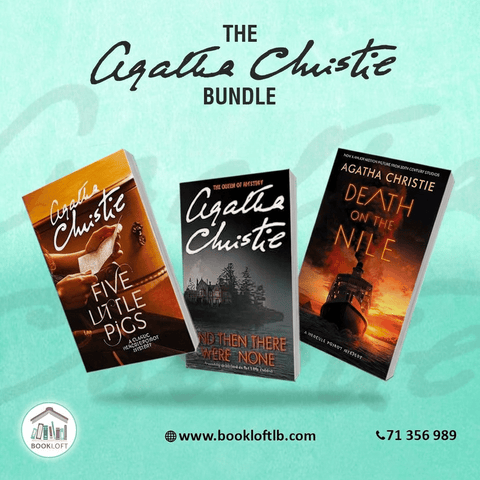 Three Agatha Christie books displayed on a light blue background with promotional text and contact information.