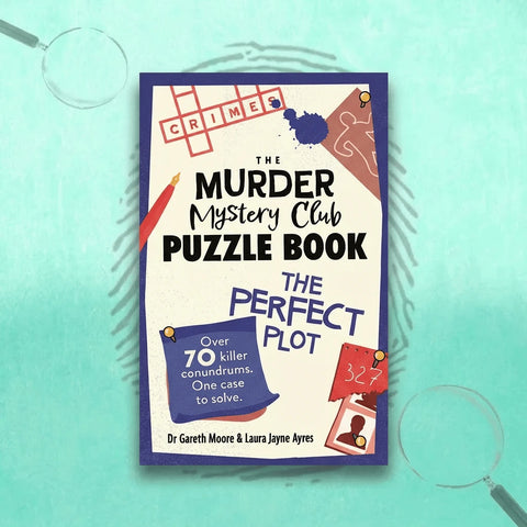 Book titled 'The Murder Mystery Club Puzzle Book' on a light blue background with magnifying glass graphics.