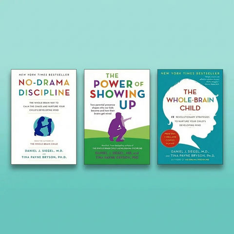 Three parenting books on a teal background
