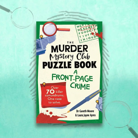 Book cover of 'The Murder Mystery Club Puzzle Book' on a light blue background with magnifying glass graphics.