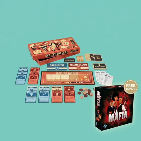 Board game components including 'Secret Hitler' and 'Mafia' on a teal background