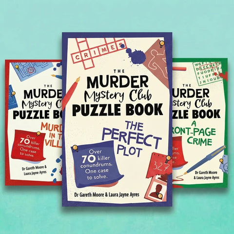 Three books from The Murder Mystery Club Puzzle Book series on a teal background